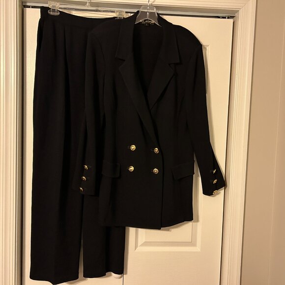 ST JOHN Basics Sz 14 Black 2 Pc Santana Knit Jacket / Blazer Pants Suit